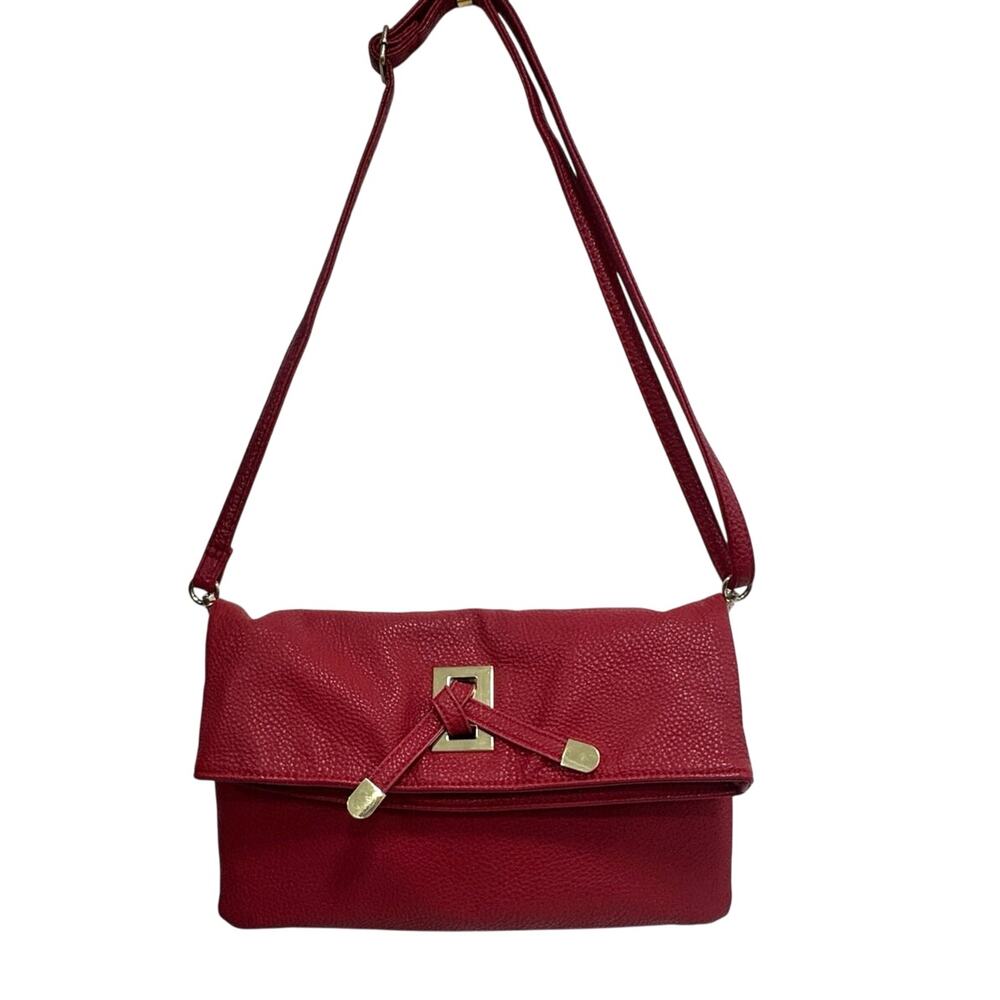 Sondra Roberts Squared Red Foldover Clutch Crossbody Leopard Lining